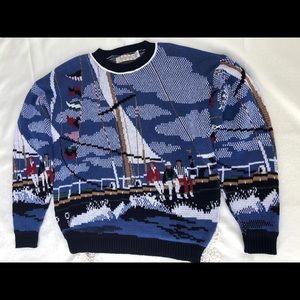 VTG Crossings Mens Knit Sail Boat USA Sweater L XL
